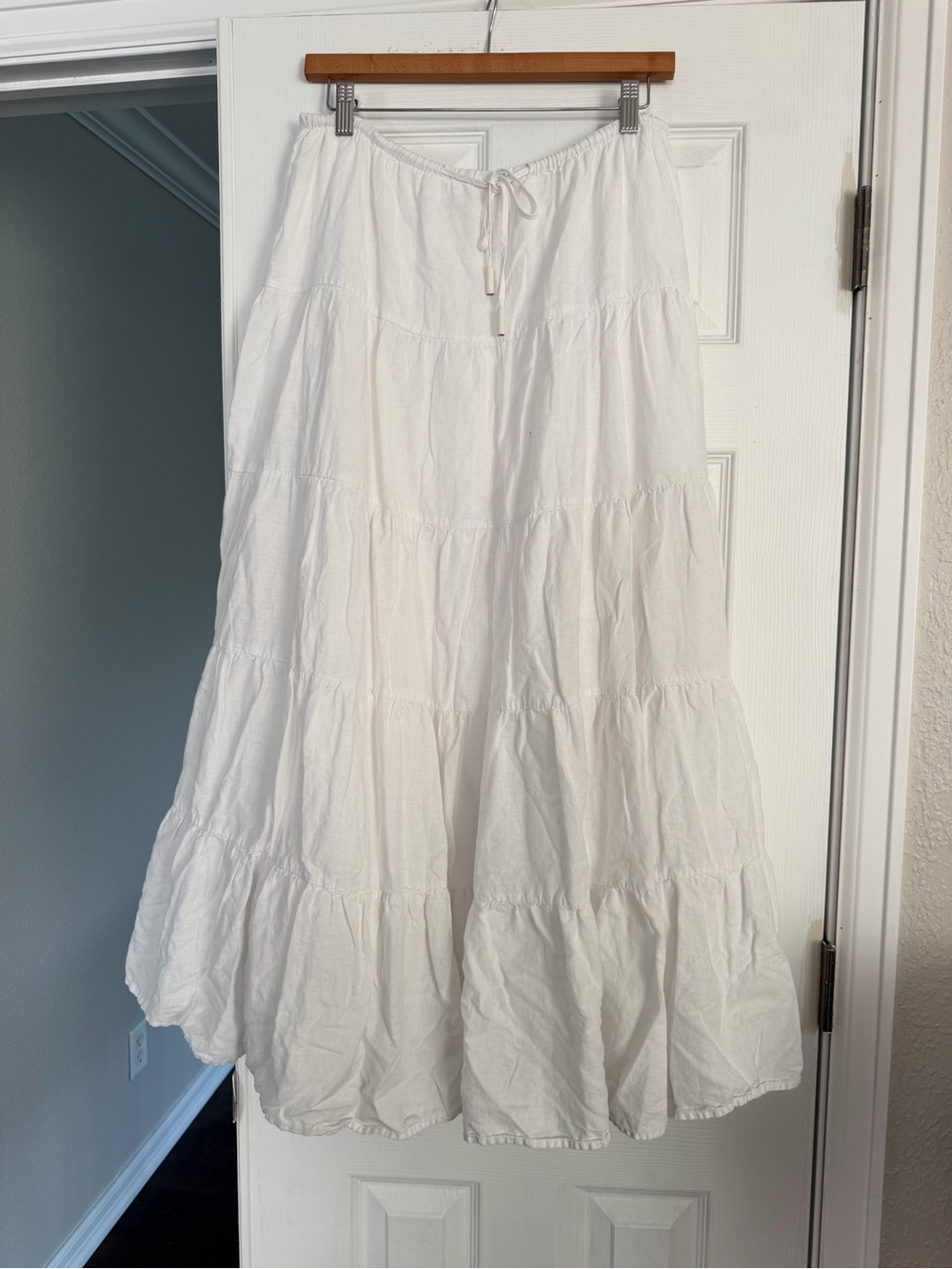 Women's White Tiered Maxi Skirt with Drawstring Waist